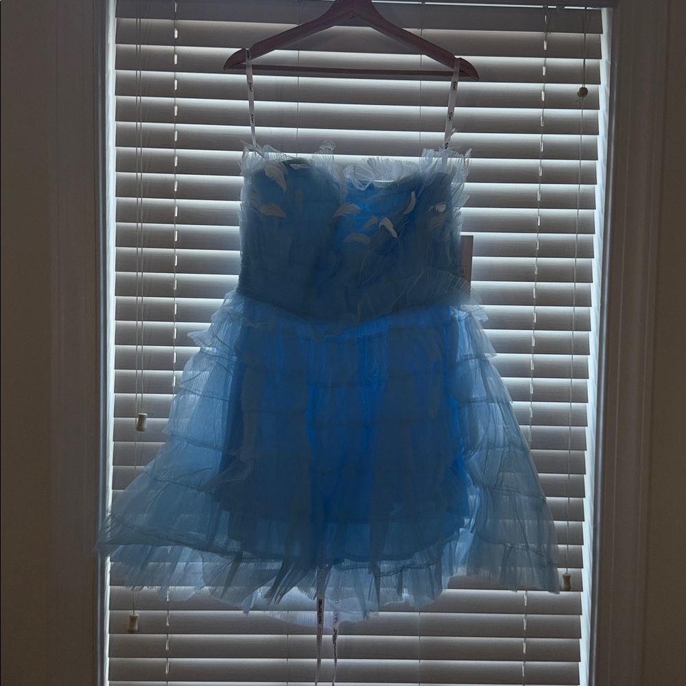 Mac Duggal Blue Feathered Strapless Tulle Fit and Flare Dress #20529 - 12 - Picture 2 of 6